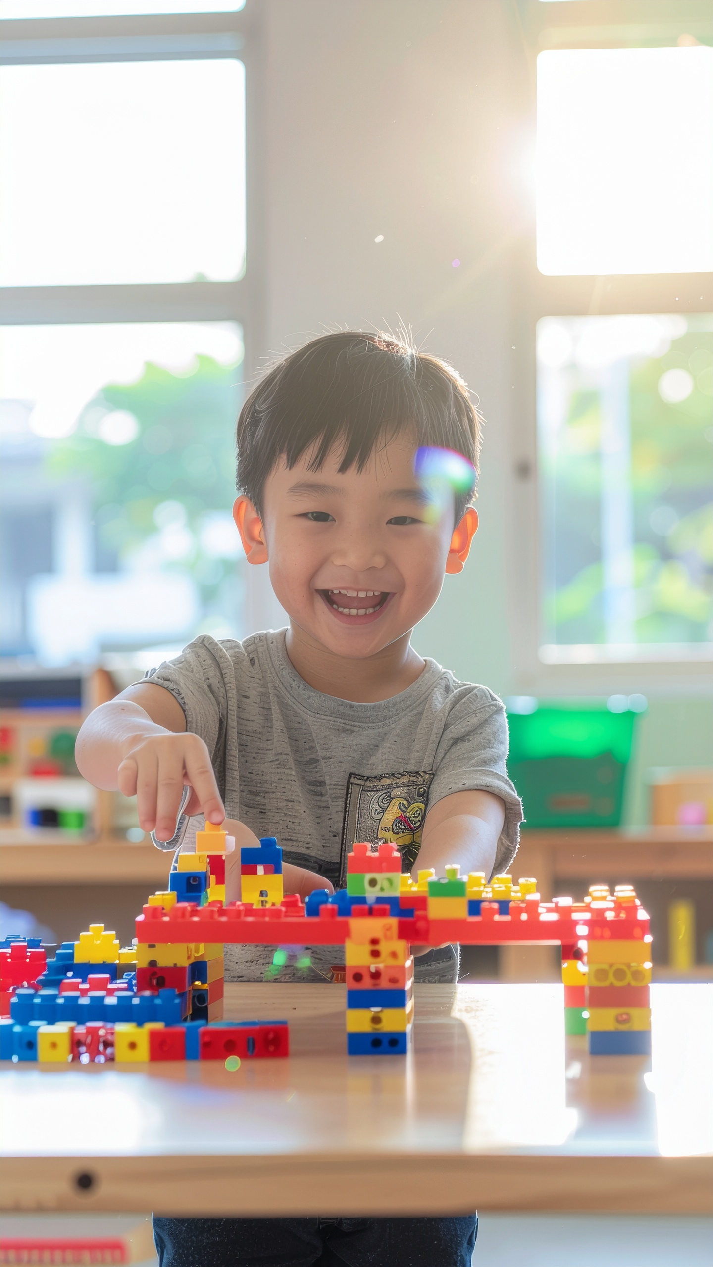 Happy Child Playing with Colorful Building Blocks in a Sunlit Room